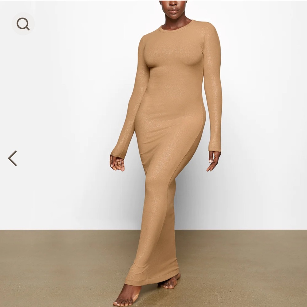 SKIMS SOFT LOUNGE SHIMMER DRESS in CAMEL